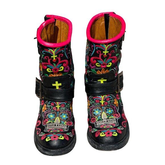Old Gringo Womens Embroidered Sugar Skull Leather Ankle Boots 7B Black & Pink - Picture 2 of 7